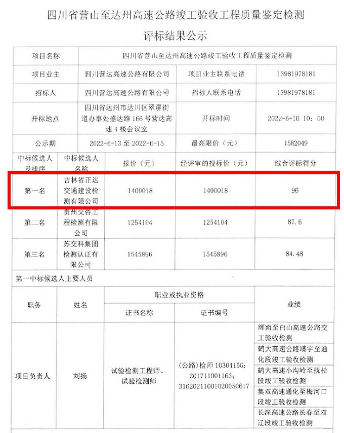 四川省營山至達州高速公路竣工驗收工程質量鑒定檢測評標結果公示